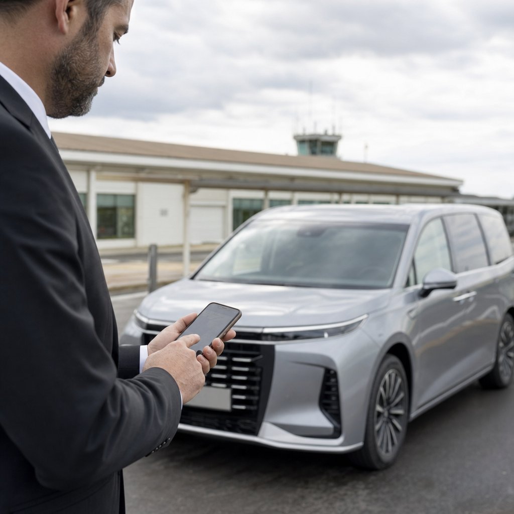 Chauffeur VTC vérifiant le suivi d'un vol sur son téléphone près d'un van MG S9 gris devant l'aéroport de Poitiers-Biard