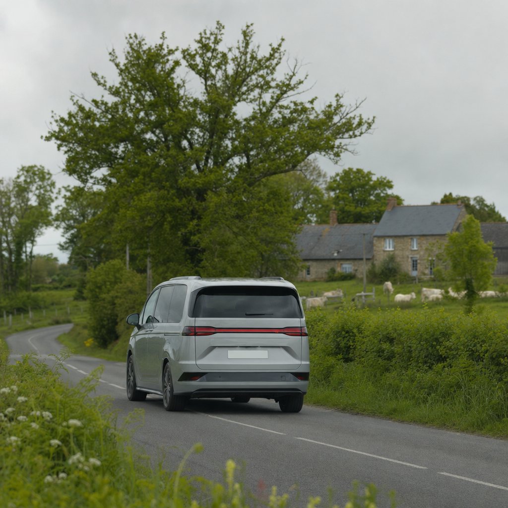 Van électrique sept places sur une route du bocage vendéen entre Angers et le Puy du Fou, aux Epesses
