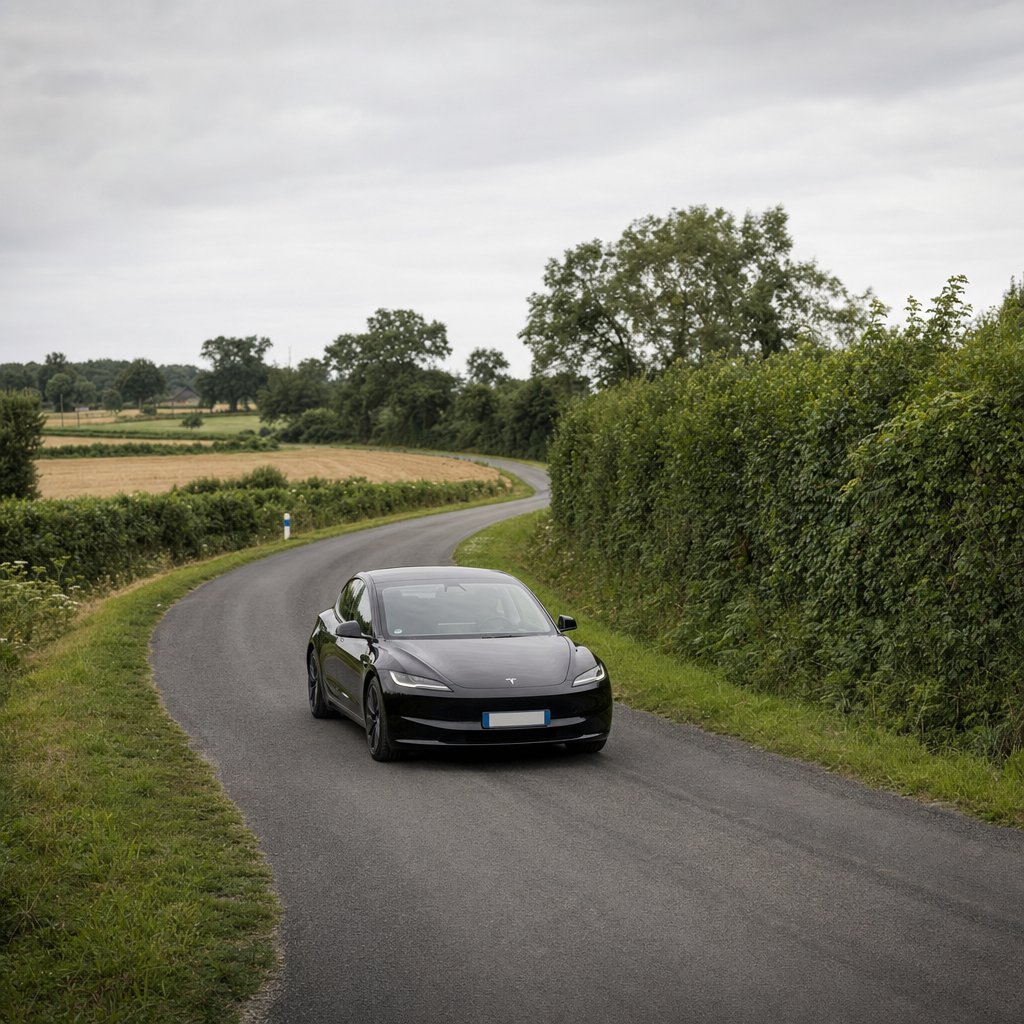 Tesla Model 3 noire roulant sur une route de campagne bocagère entre Cholet et Les Epesses