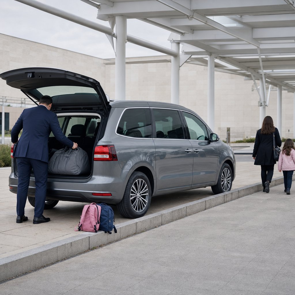 Van sept places gris argent en dépose devant l'entrée d'un parc, bagages sortis du coffre par le chauffeur