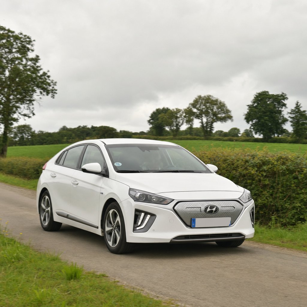 Hyundai Ioniq blanche roulant sur une route départementale à travers le bocage vendéen près de Fontenay-le-Comte