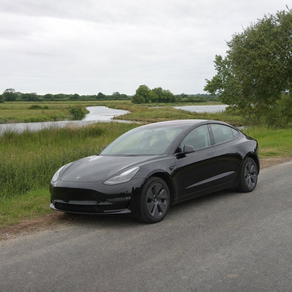Tesla Model 3 noire garée près d'un marais salant vendéen entre Noirmoutier et Challans