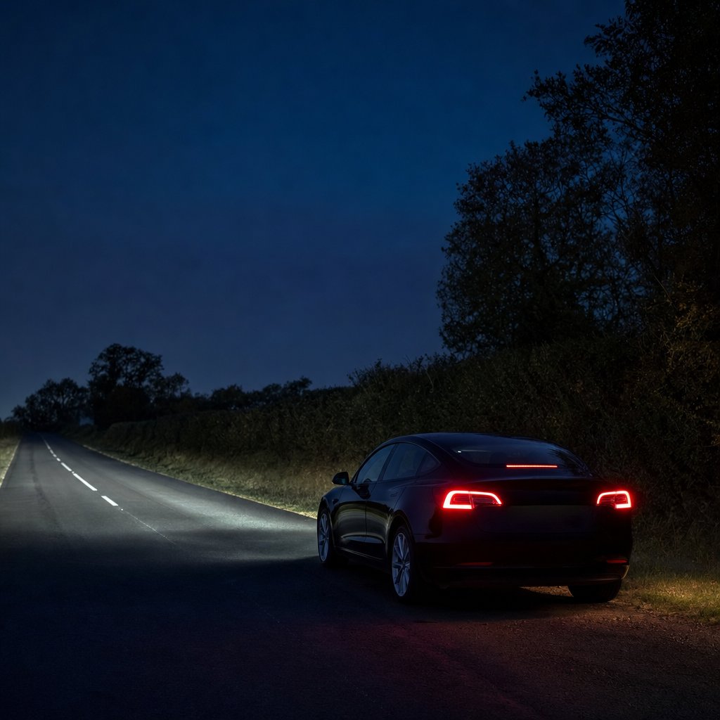 Tesla Model 3 noire garée de nuit près d'une route vendéenne, phares allumés, retour de Cinéscénie vers Poitiers