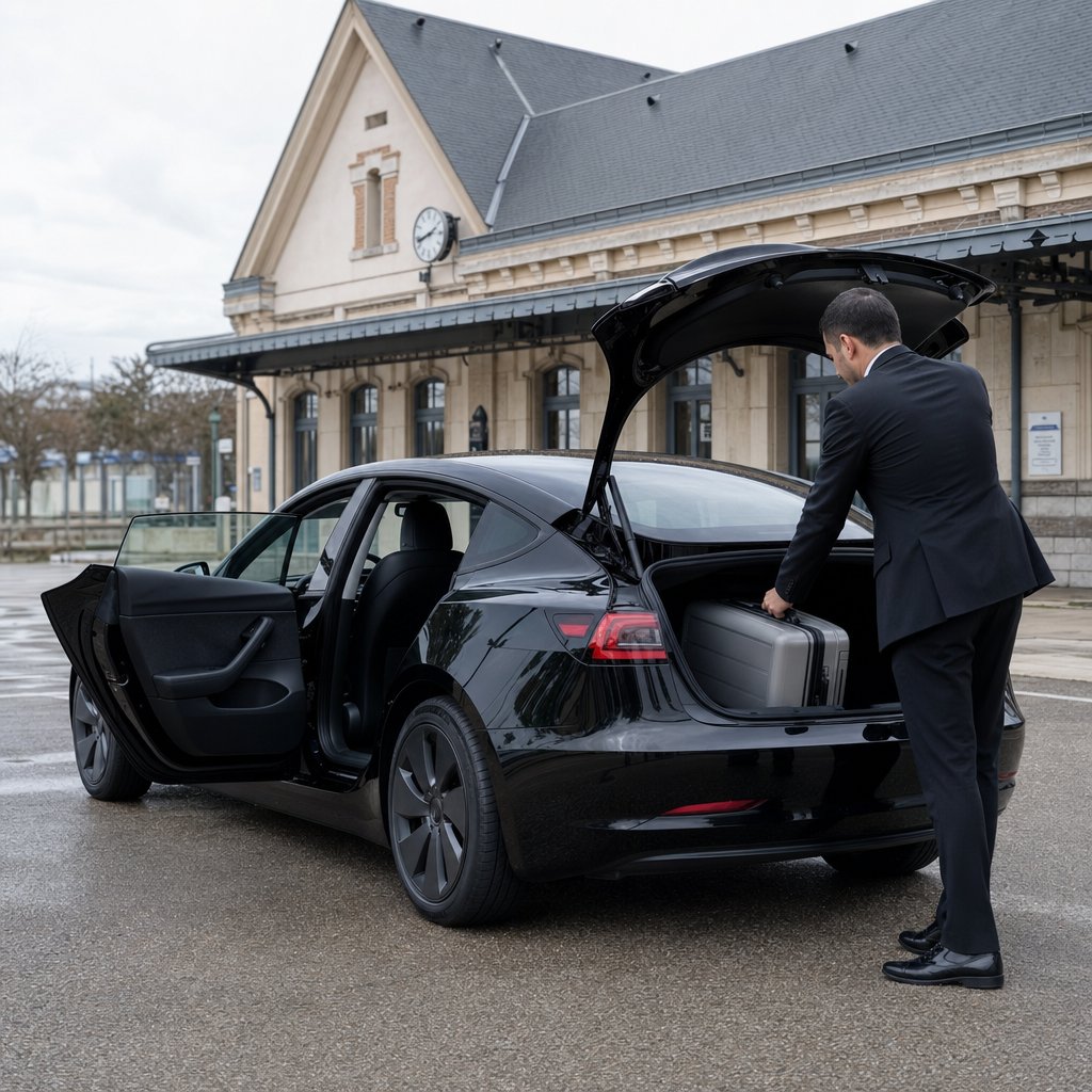 Chauffeur VTC chargeant une valise dans le coffre d'une Tesla Model 3 électrique noire devant une gare — FLY Transport Poitiers