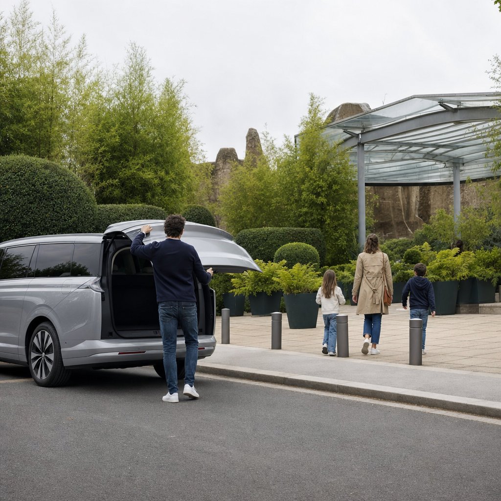 Transfert VTC vers le Zoo de Beauval : chauffeur FLY Transport refermant le coffre du van électrique 7 places pendant qu'une famille rejoint l'entrée du parc