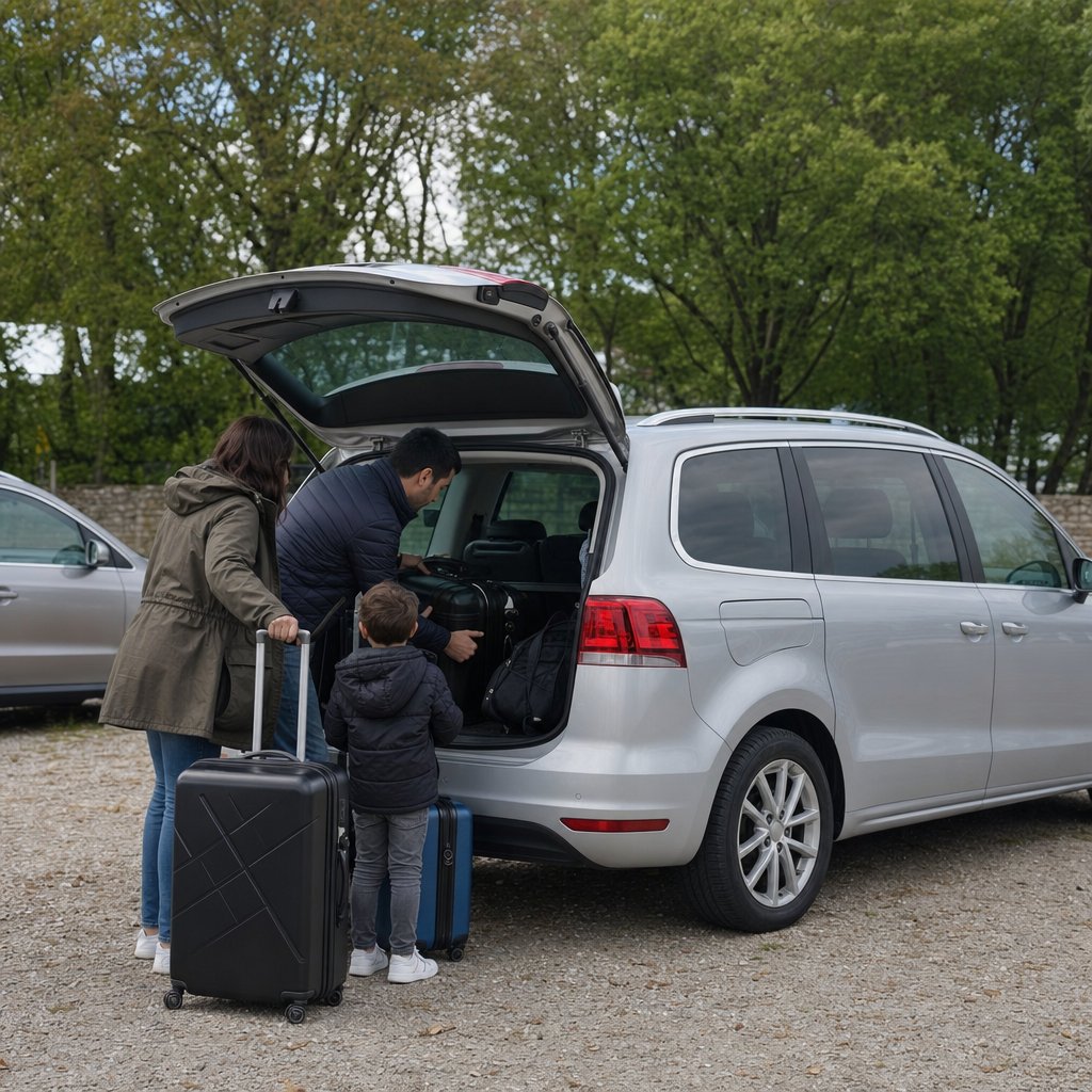 Famille chargeant ses bagages dans un van avant un transfert VTC entre le Futuroscope et le Puy du Fou, FLY Transport